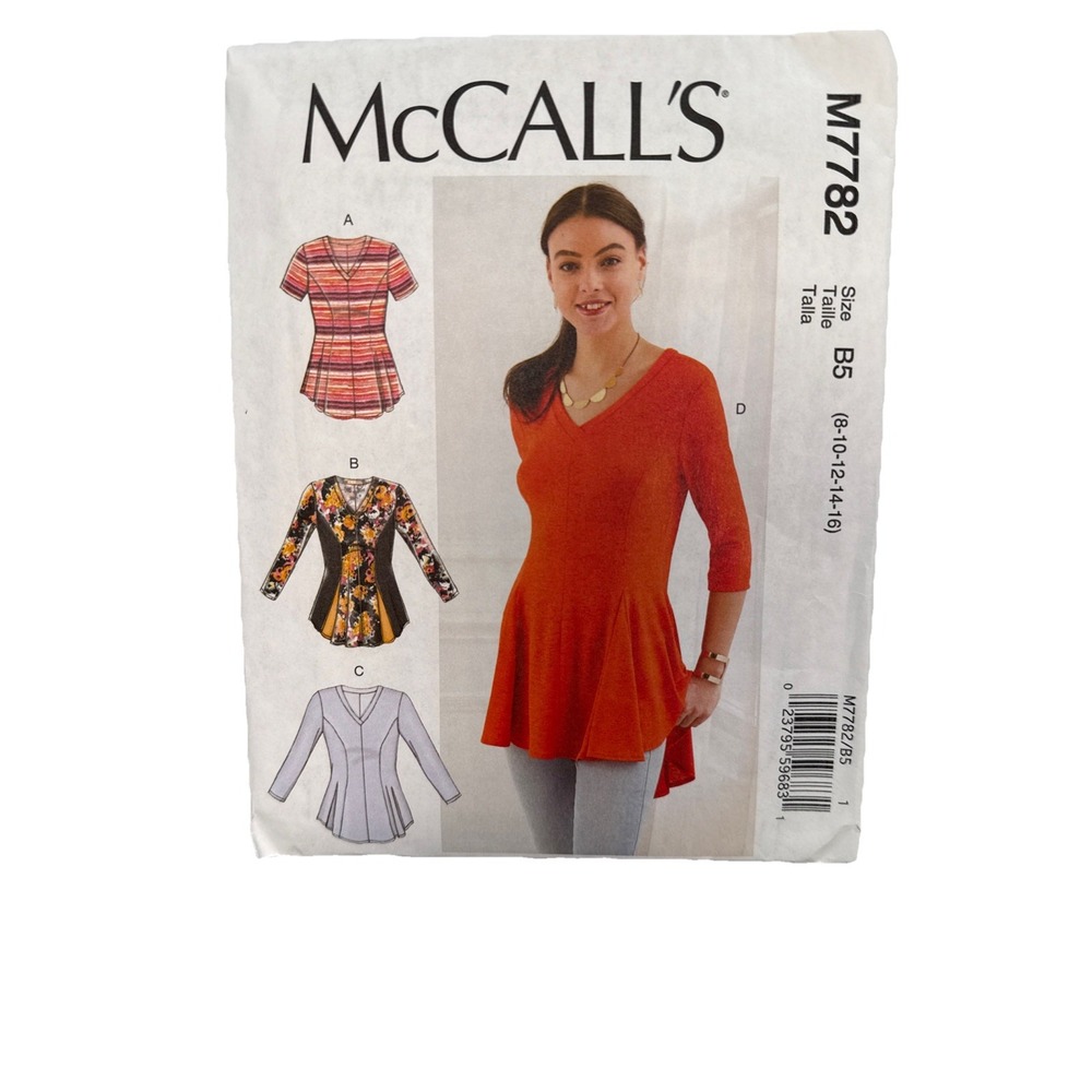 McCall's M7782 Flowy Tunic Top Sewing Pattern V Neck Peplum 8 10 12 14‎ 16